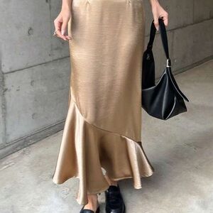 Tan Maxi Trumpet Skirt with Asymmetrical Ruffles